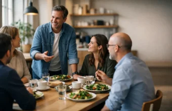 Small team sharing lunch in a modern office café