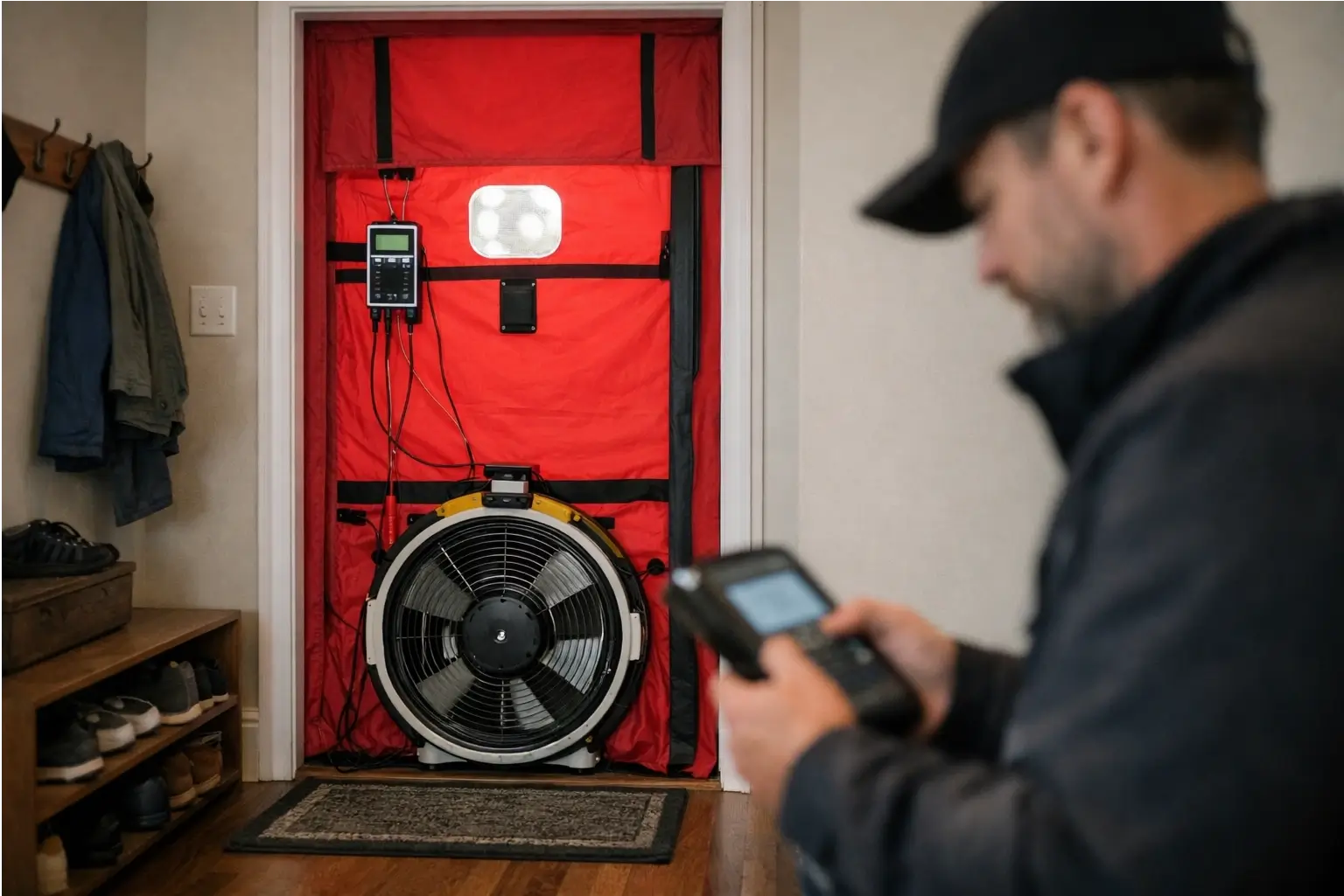 Blower door test during a home energy audit