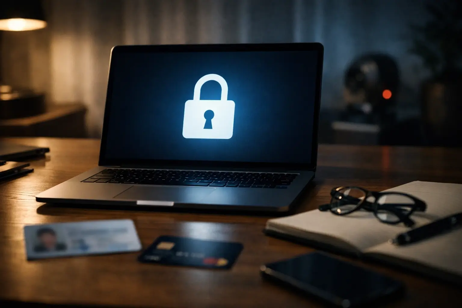 Secure desk setup showing finance account caution