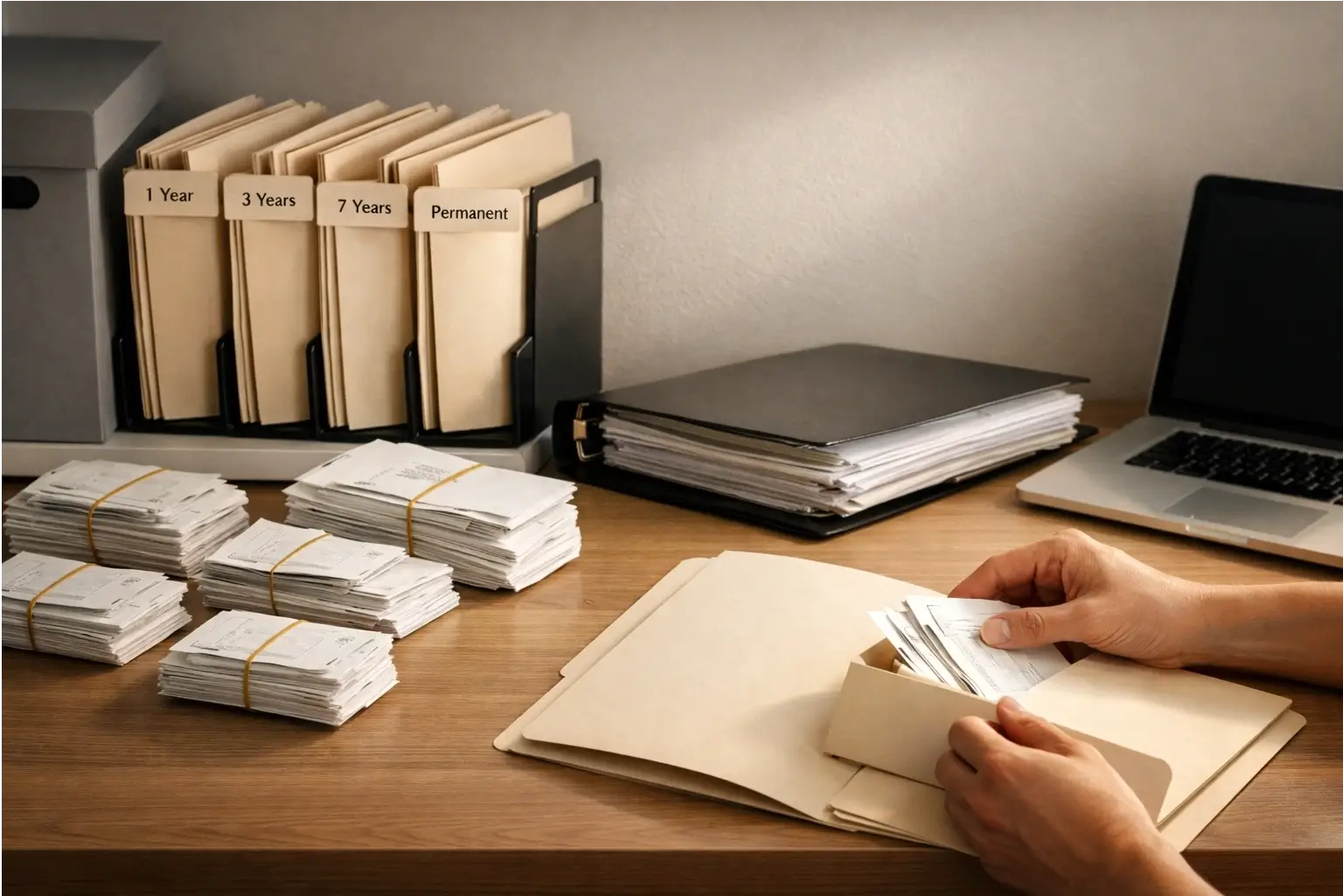 Filing folders used to store business receipts and records