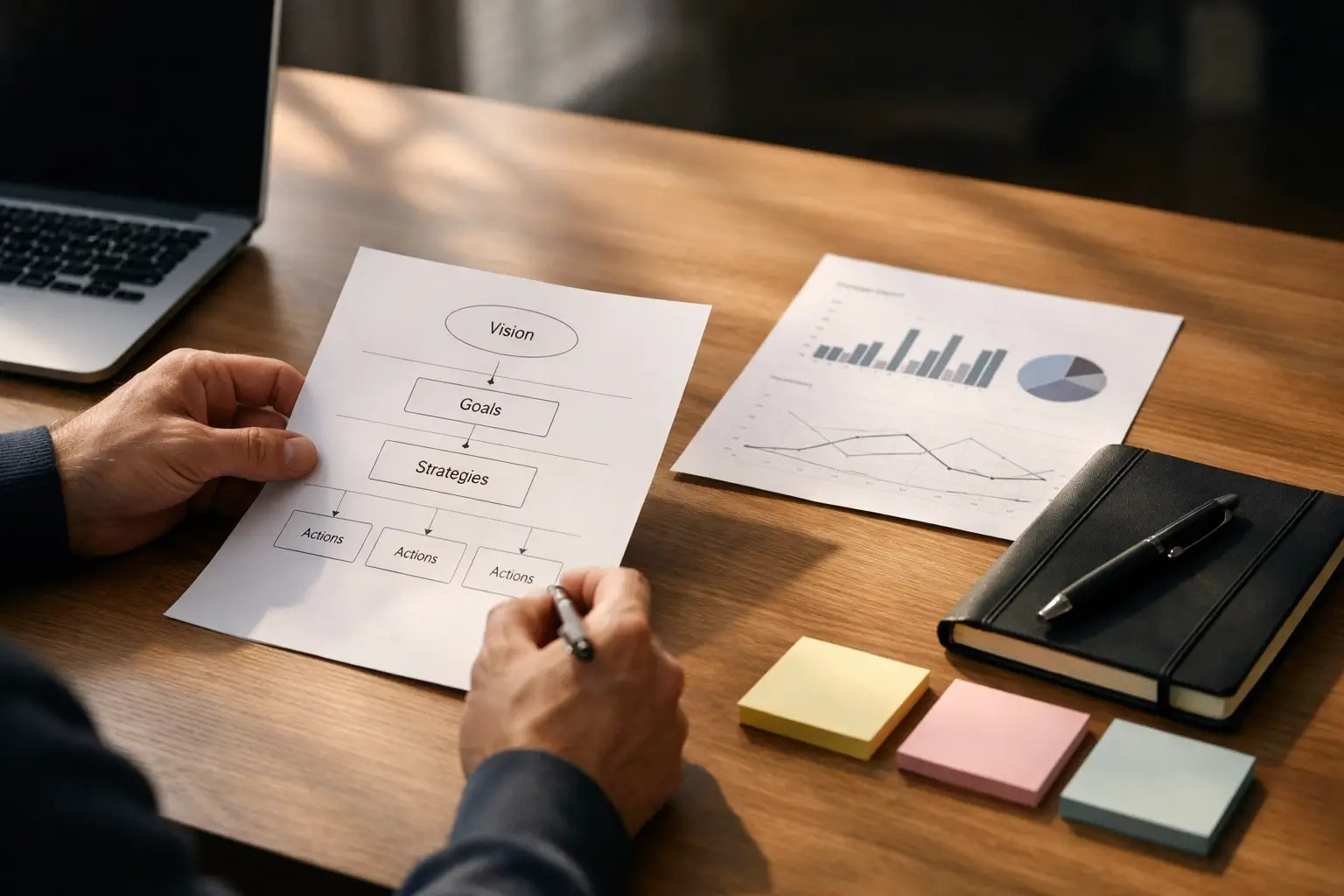 Business planning papers on a clean office desk