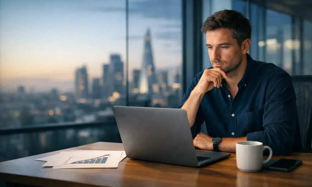 UK startup founder working in a modern office