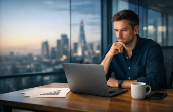 UK startup founder working in a modern office