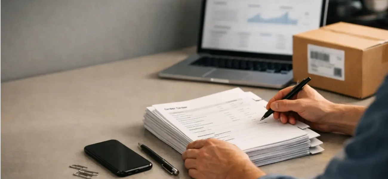 Small seller making a chargeback evidence packet at a desk