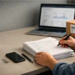 Small seller making a chargeback evidence packet at a desk