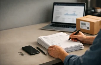 Small seller making a chargeback evidence packet at a desk