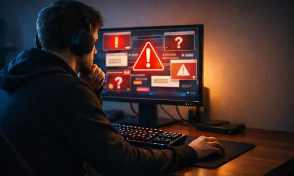 Person checking if ck2generatorcom is safe on a desktop computer