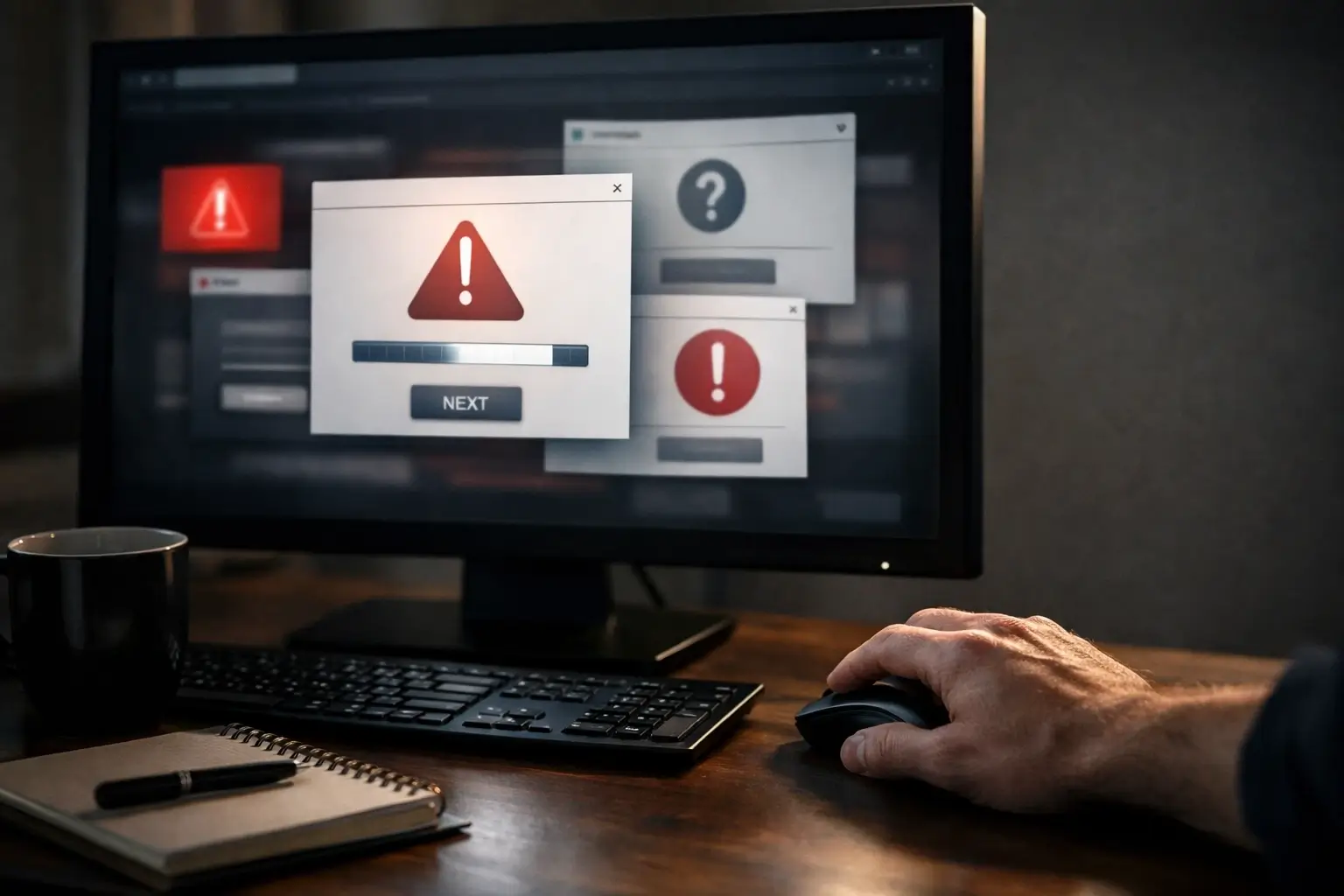 Close-up of a suspicious website with pop-up warning signs