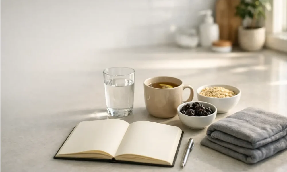 Bathroom counter with water, prunes, and a bowel diary for constipation relief.