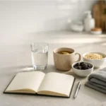 Bathroom counter with water, prunes, and a bowel diary for constipation relief.