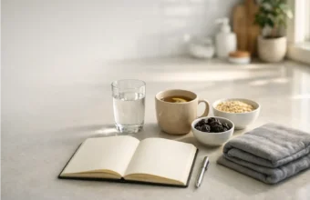 Bathroom counter with water, prunes, and a bowel diary for constipation relief.