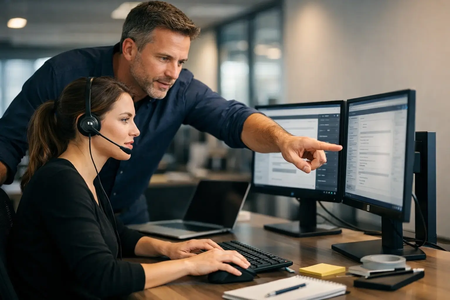 Team lead training a customer support agent in an office