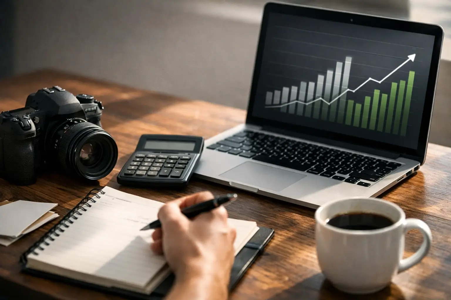 Close view of creator desk with income charts and camera