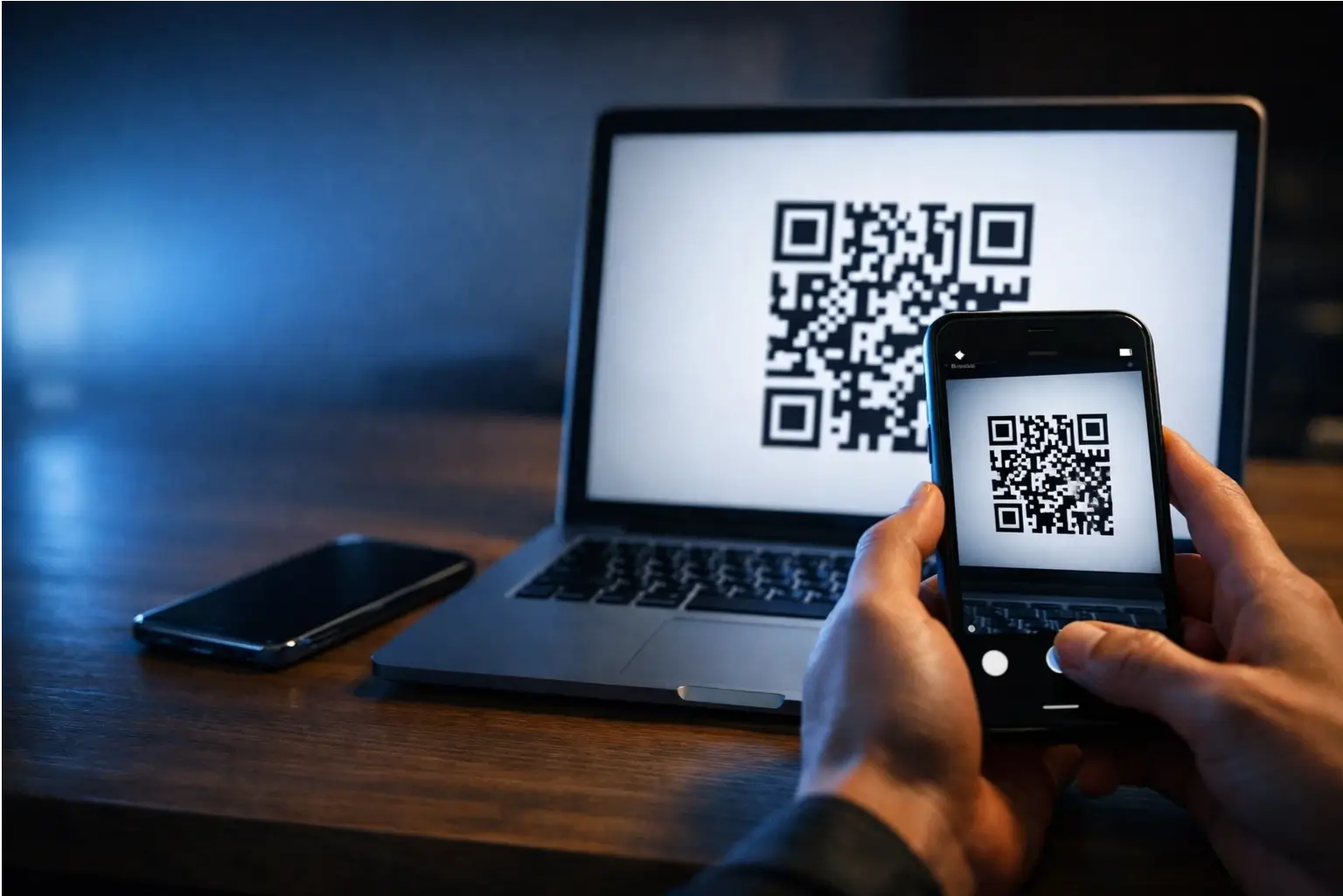 A phone scanning a QR code to sign in with a passkey