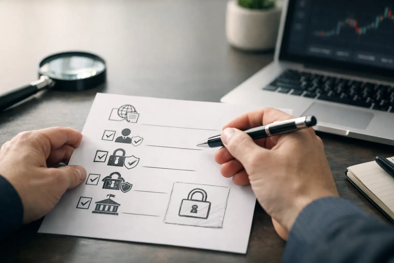 Hands checking crypto website safety signs