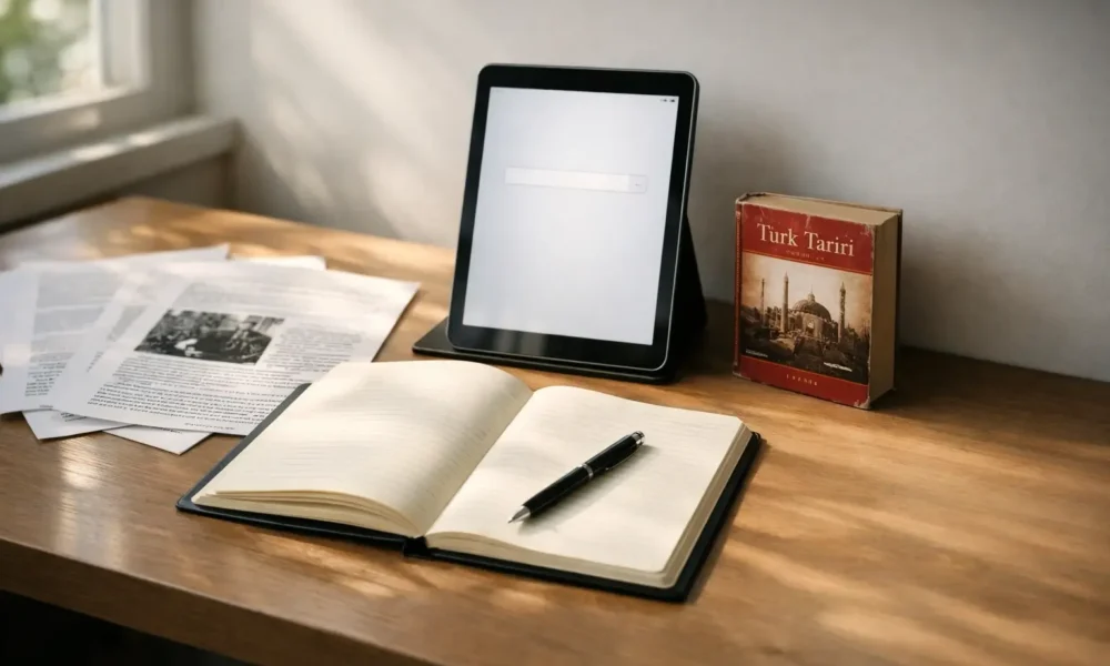 Study desk with papers about cumhuritey meaning and origin