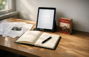 Study desk with papers about cumhuritey meaning and origin