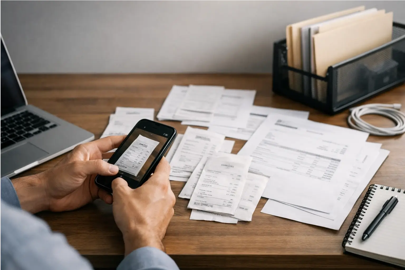 Person scanning receipts with a phone for digital storage