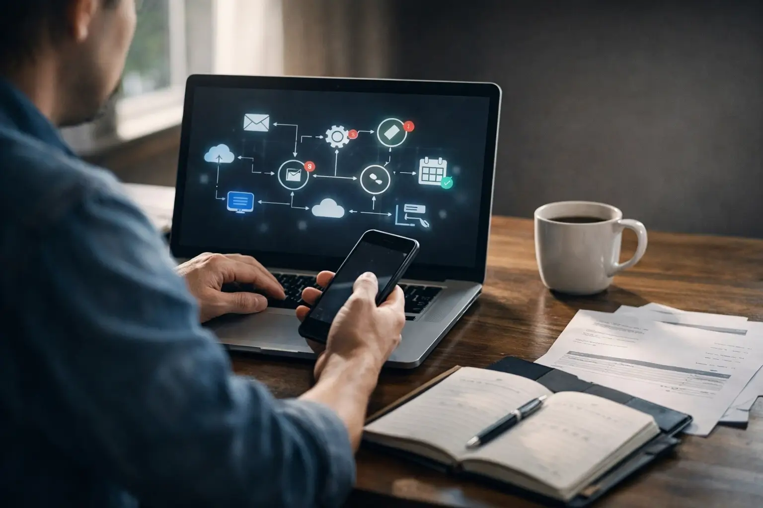 Freelancer using a laptop to manage automated tasks