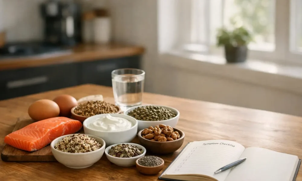 Protein-rich foods on a kitchen table for amino acid health