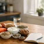 Protein-rich foods on a kitchen table for amino acid health