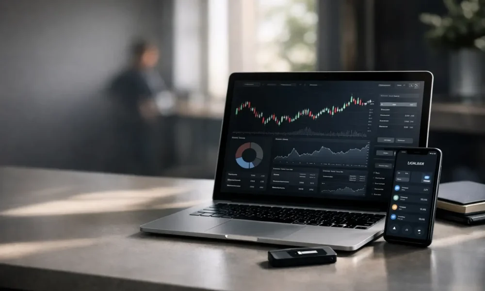 Laptop and phone showing a crypto token dashboard on a clean desk
