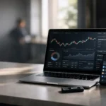 Laptop and phone showing a crypto token dashboard on a clean desk