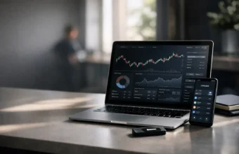 Laptop and phone showing a crypto token dashboard on a clean desk
