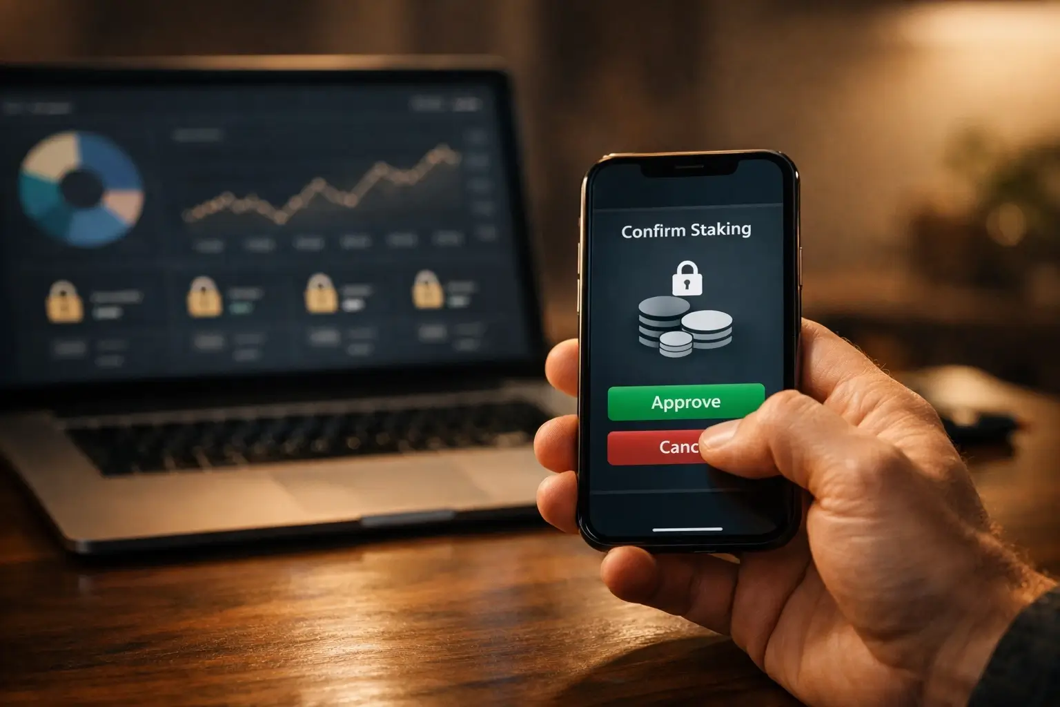 Person approving token staking on a phone with laptop in background