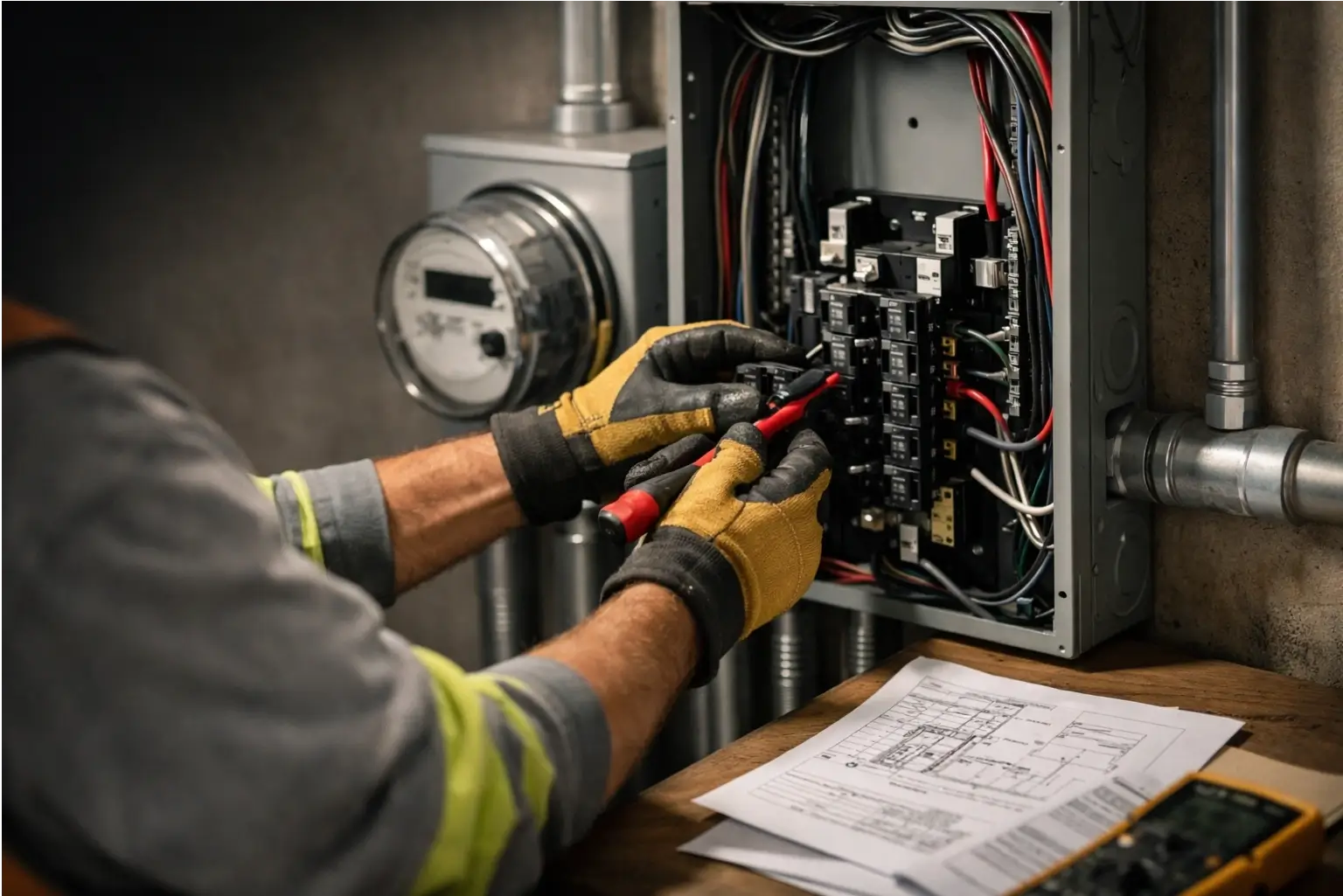 Electrician working on a main service panel for solar power