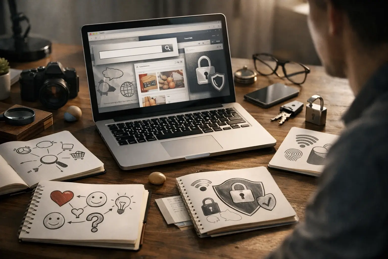 Laptop and notes showing mixed search intent research