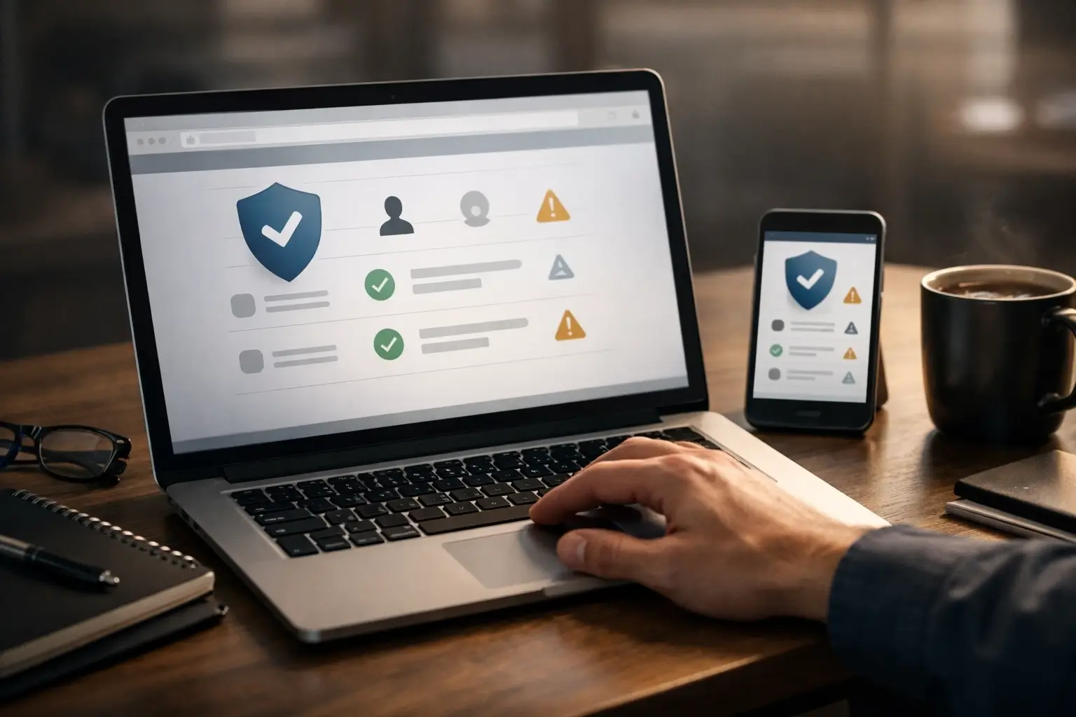 Workspace with laptop and phone for website review