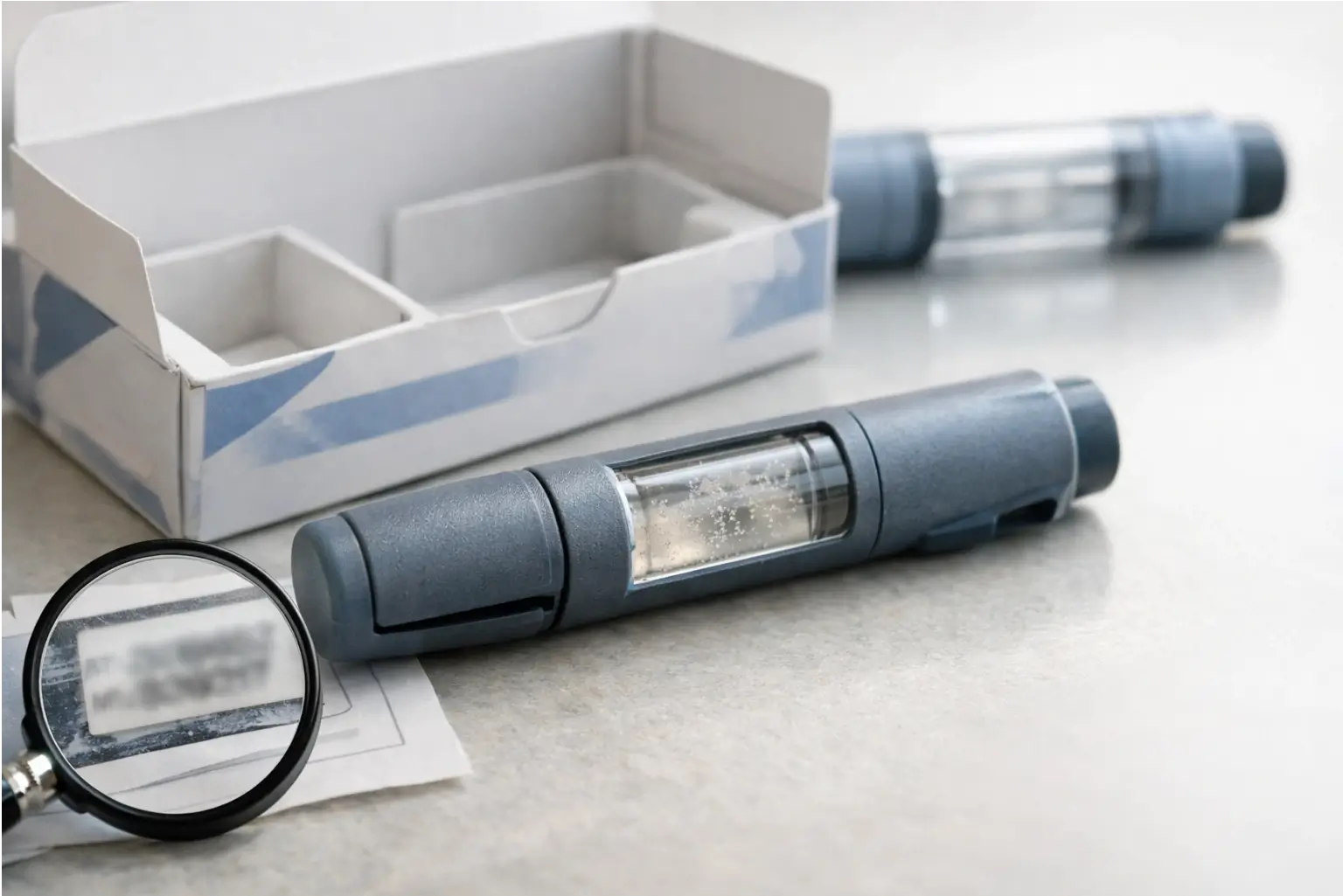 Close-up of a generic injection pen and box showing warning signs like missing leaflet space.