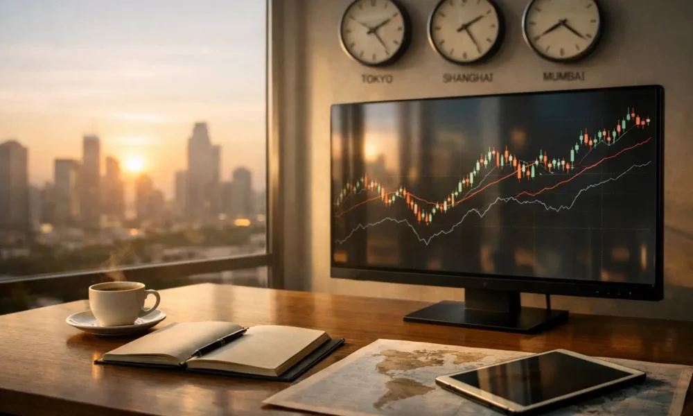 Investor desk with market charts and morning city view