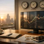 Investor desk with market charts and morning city view