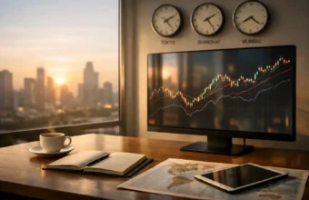 Investor desk with market charts and morning city view