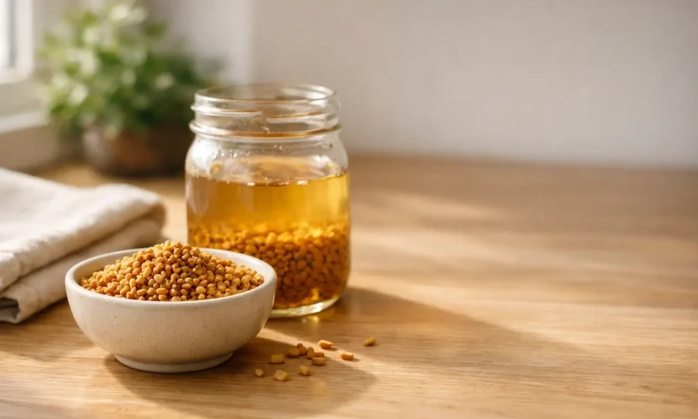 Foenegriek seeds and fenugreek water in morning light