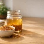 Foenegriek seeds and fenugreek water in morning light