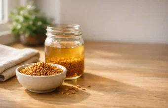 Foenegriek seeds and fenugreek water in morning light
