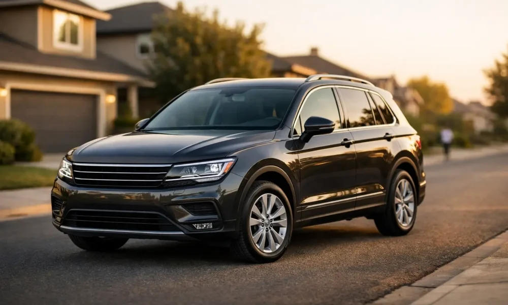 folkevogn tiguan style family SUV parked on a clean suburban street