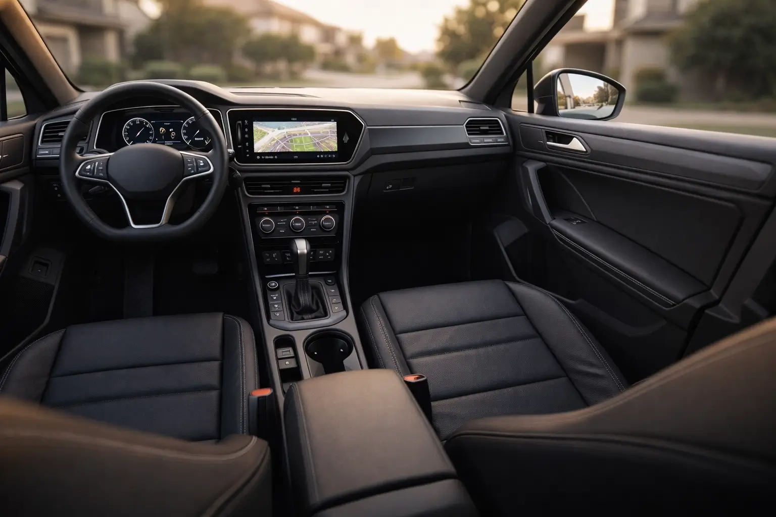 folkevogn tiguan style SUV interior with digital screen and front seats