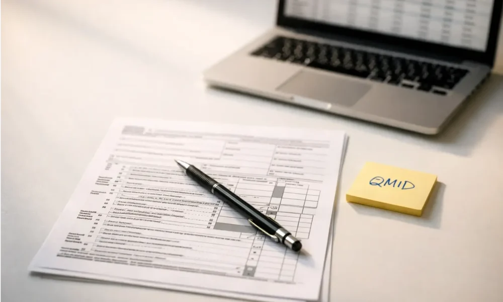 A printed IRS Form 5695 on a desk with a pencil and a sticky note showing the QMID field
