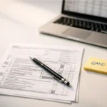 A printed IRS Form 5695 on a desk with a pencil and a sticky note showing the QMID field