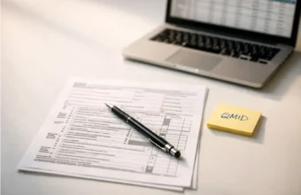 A printed IRS Form 5695 on a desk with a pencil and a sticky note showing the QMID field