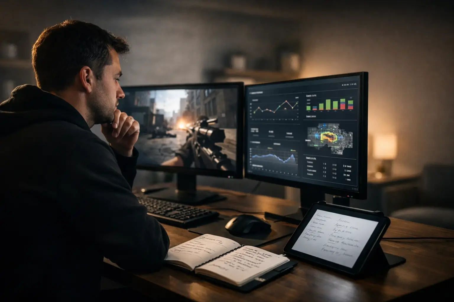 Gaming workspace with replay review and stat tracking