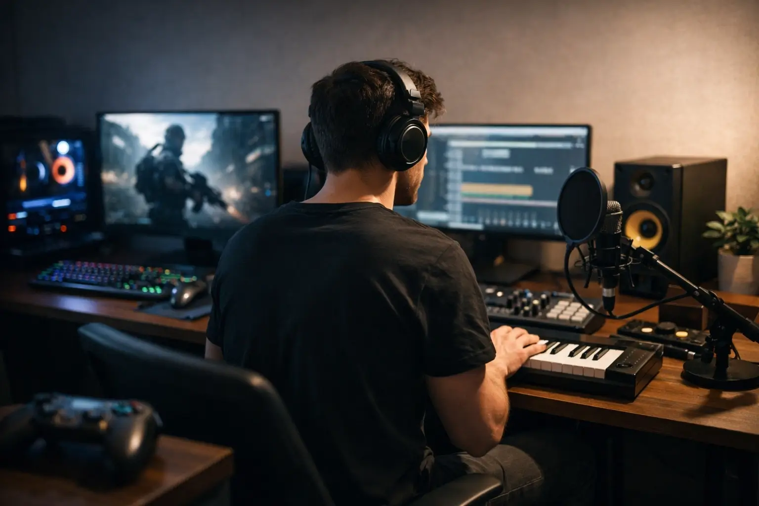 A gaming and music content creator working in a small studio
