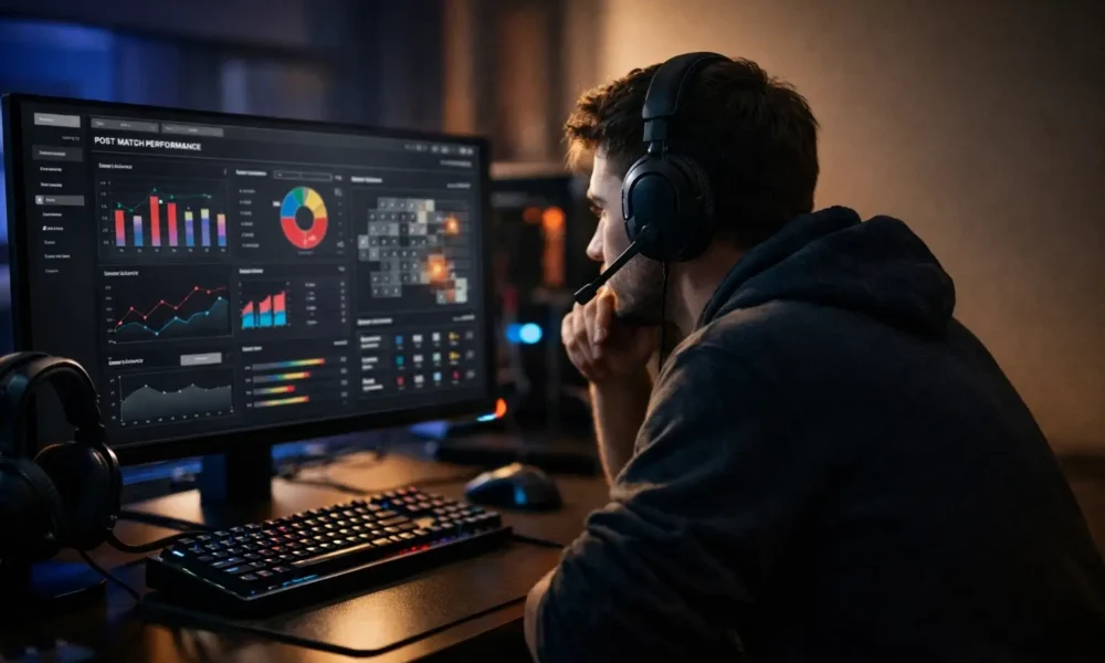 Gamer reviewing match stats on a gaming monitor