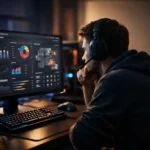 Gamer reviewing match stats on a gaming monitor