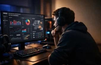 Gamer reviewing match stats on a gaming monitor