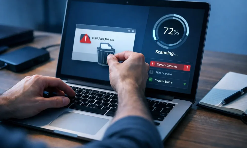 Person checking a suspicious Blogspot link on a computer